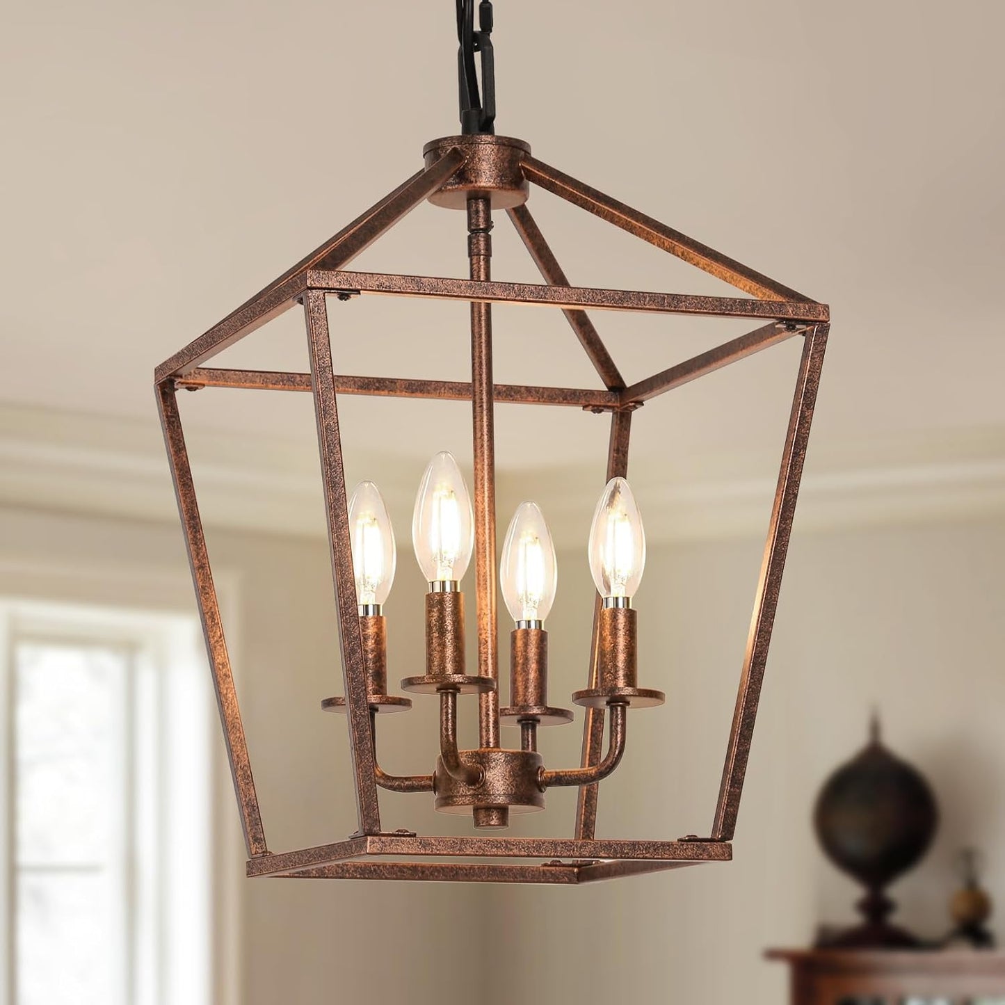 4 Light Chandelier, Industrial Ceiling Light Black Lantern Light Fixtures with Farmhouse Metal Cage Adjustable Height Rustic Geometric Hanging Light E12 Base for Kitchen Island, Entryway, Indoor