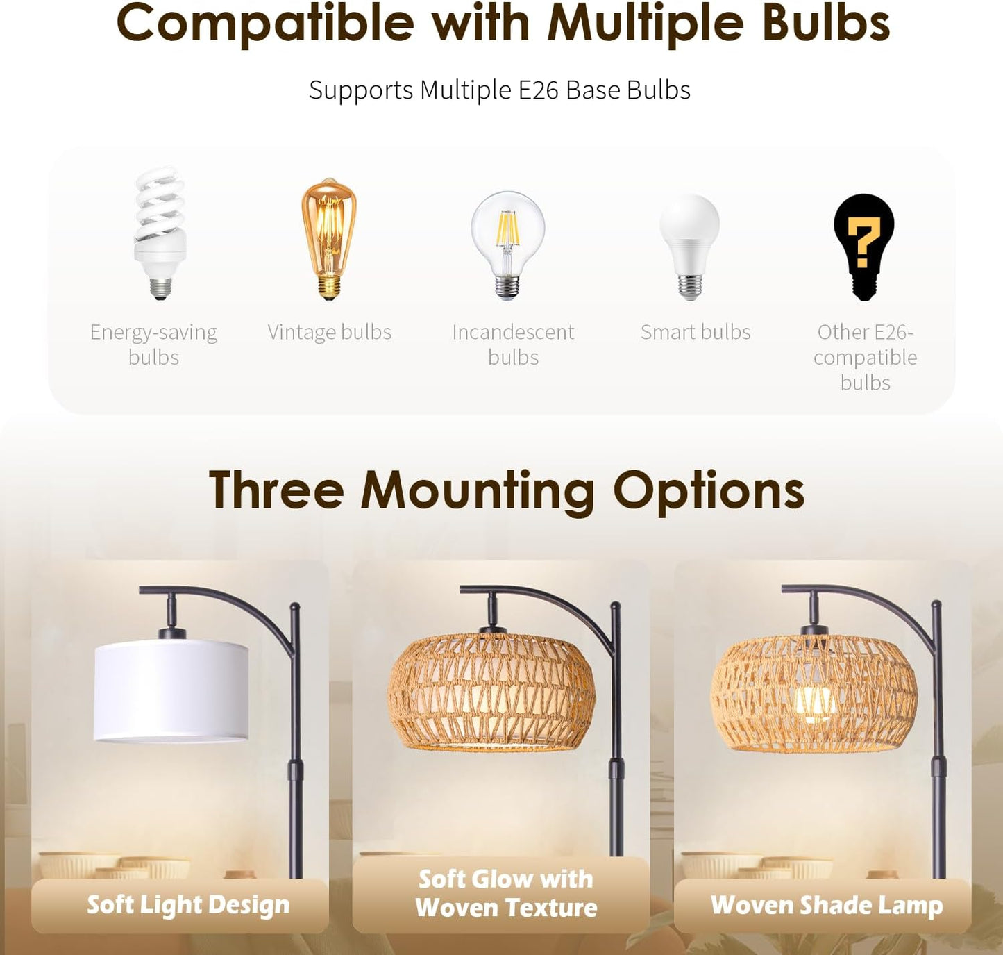 Boho Rattan Floor Lamp with Shade - 12W Bright LED Bulb, Adjustable Height 48-60 Inch, Remote Control 3 Color Temperatures,Farmhouse Handwoven Arc Standing Light for Living Room Bedroom