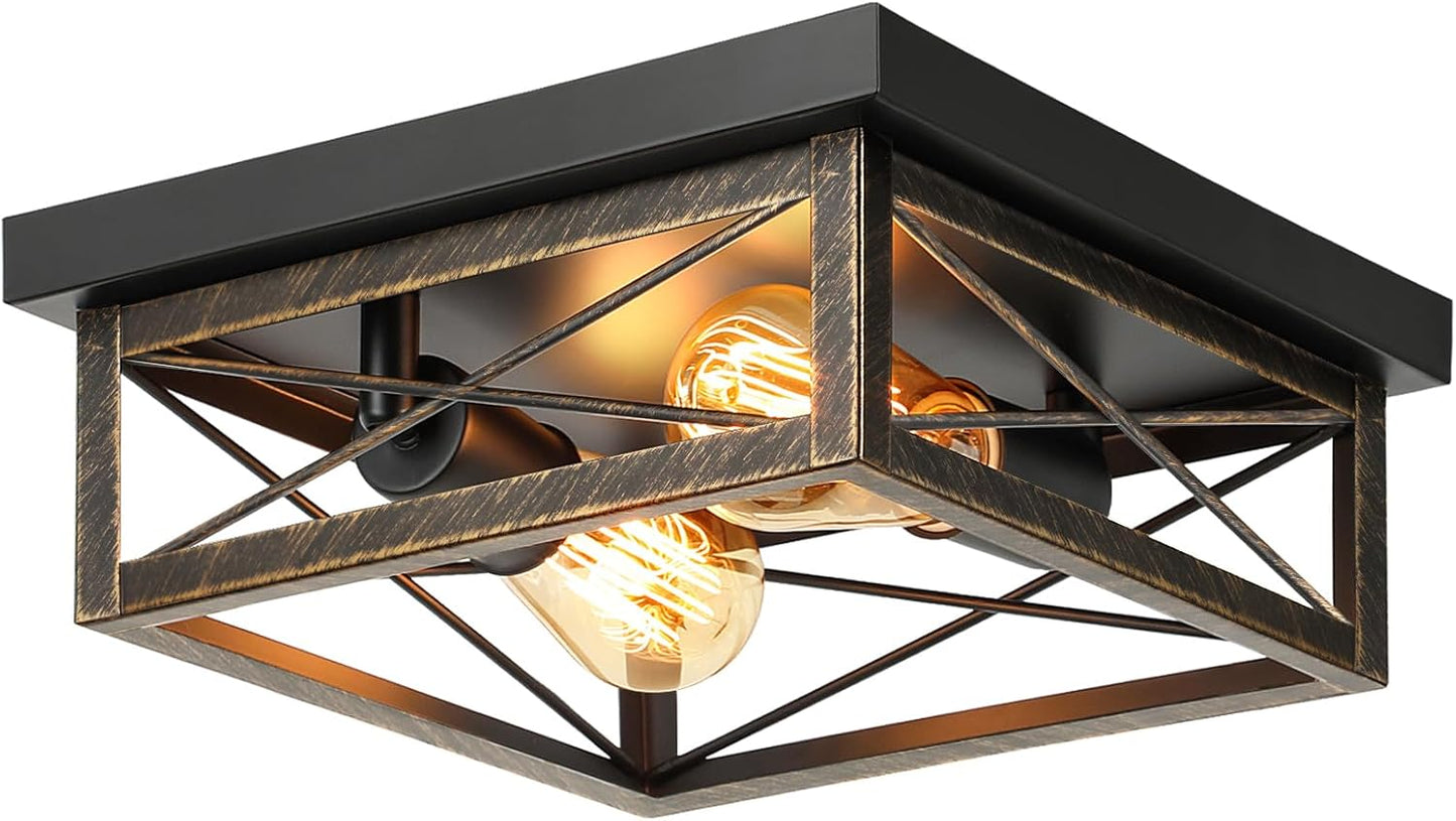 2-Light Industrial Square Flush Mount Ceiling Light, Farmhouse Ceiling Light Fixture for Kitchen, Modern Black Close to Ceiling Light for Hallway Bedroom Balcony Porch Stairway, E26, 2-Pack