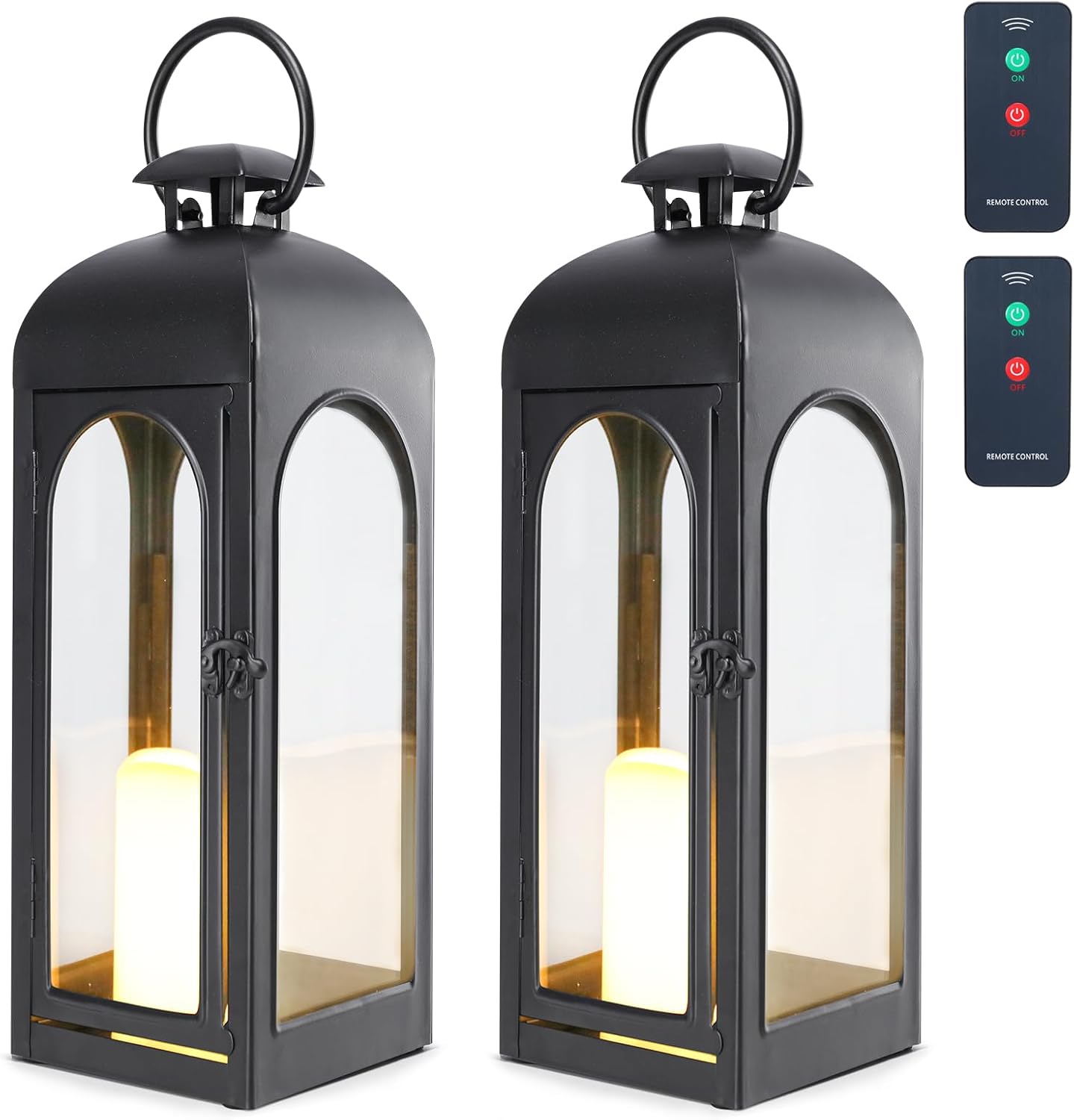 Bdor 2 Pack Luxury Black Metal Lanterns – 16" Tall Modern Hurricane Candle Lanterns with Tempered Glass Panels for Front Porch, Tabletop, Mantel, Wall Hanging, Garden, Indoor & Outdoor Décor