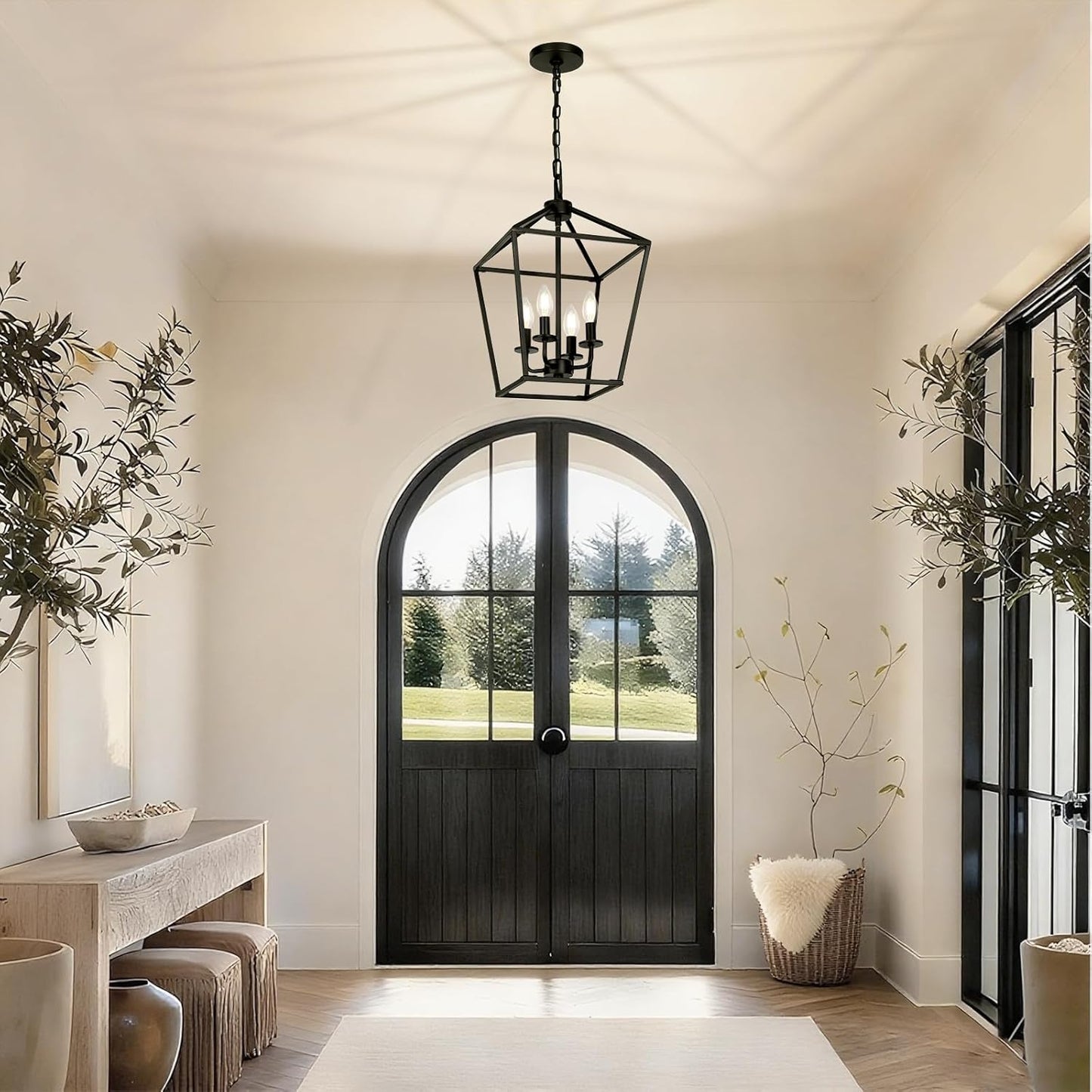 4 Light Chandelier, Industrial Ceiling Light Black Lantern Light Fixtures with Farmhouse Metal Cage Adjustable Height Rustic Geometric Hanging Light E12 Base for Kitchen Island, Entryway, Indoor