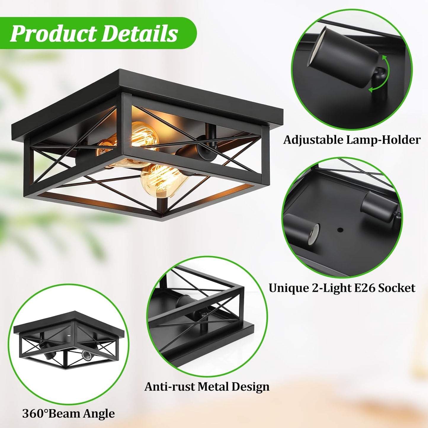 2-Light Industrial Square Flush Mount Ceiling Light, Farmhouse Ceiling Light Fixture for Kitchen, Modern Black Close to Ceiling Light for Hallway Bedroom Balcony Porch Stairway, E26, 2-Pack
