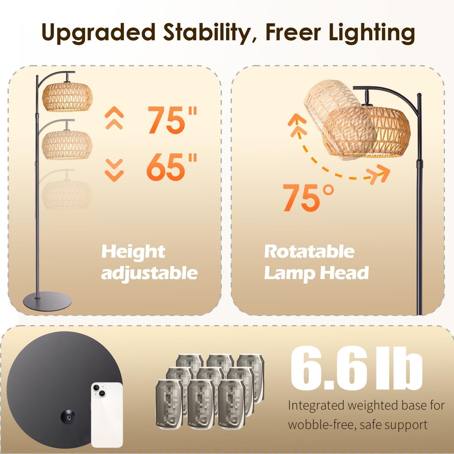 Boho Rattan Floor Lamp with Shade - 12W Bright LED Bulb, Adjustable Height 48-60 Inch, Remote Control 3 Color Temperatures,Farmhouse Handwoven Arc Standing Light for Living Room Bedroom