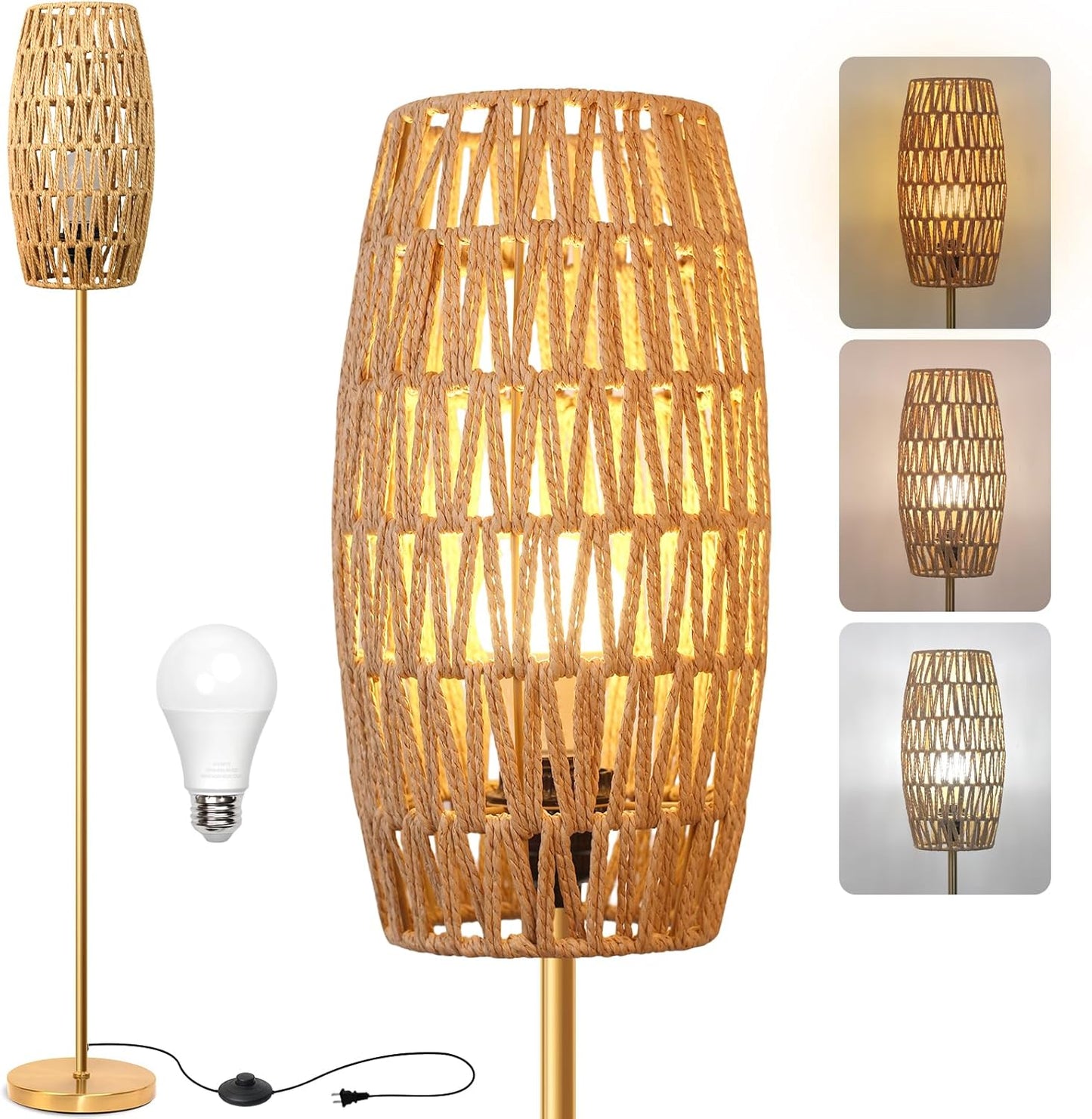 Floor Lamp for Living Room,Farmhouse Rattan Floor lamp,Modern Standing lamp with 3 Color LED Bulb,Black Tall Lamp with Foot Switch