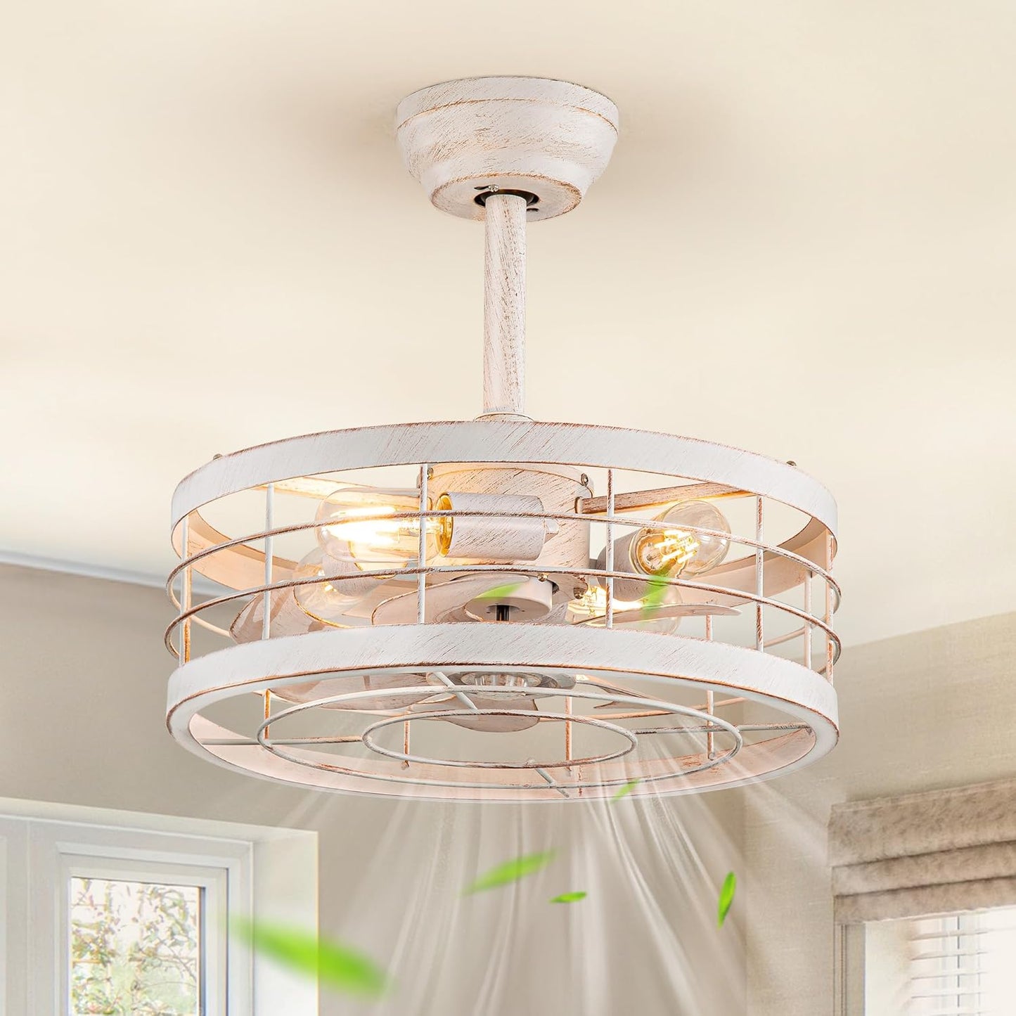 LEDIARY 20 inch Fandelier Caged Ceiling Fan with Light, Bladeless Ceiling Fan with Remote, Farmhouse Fan Lights Ceiling Fixtures for Kitchen, Bedroom, Outdoor(6 Speed, Timing)-Black