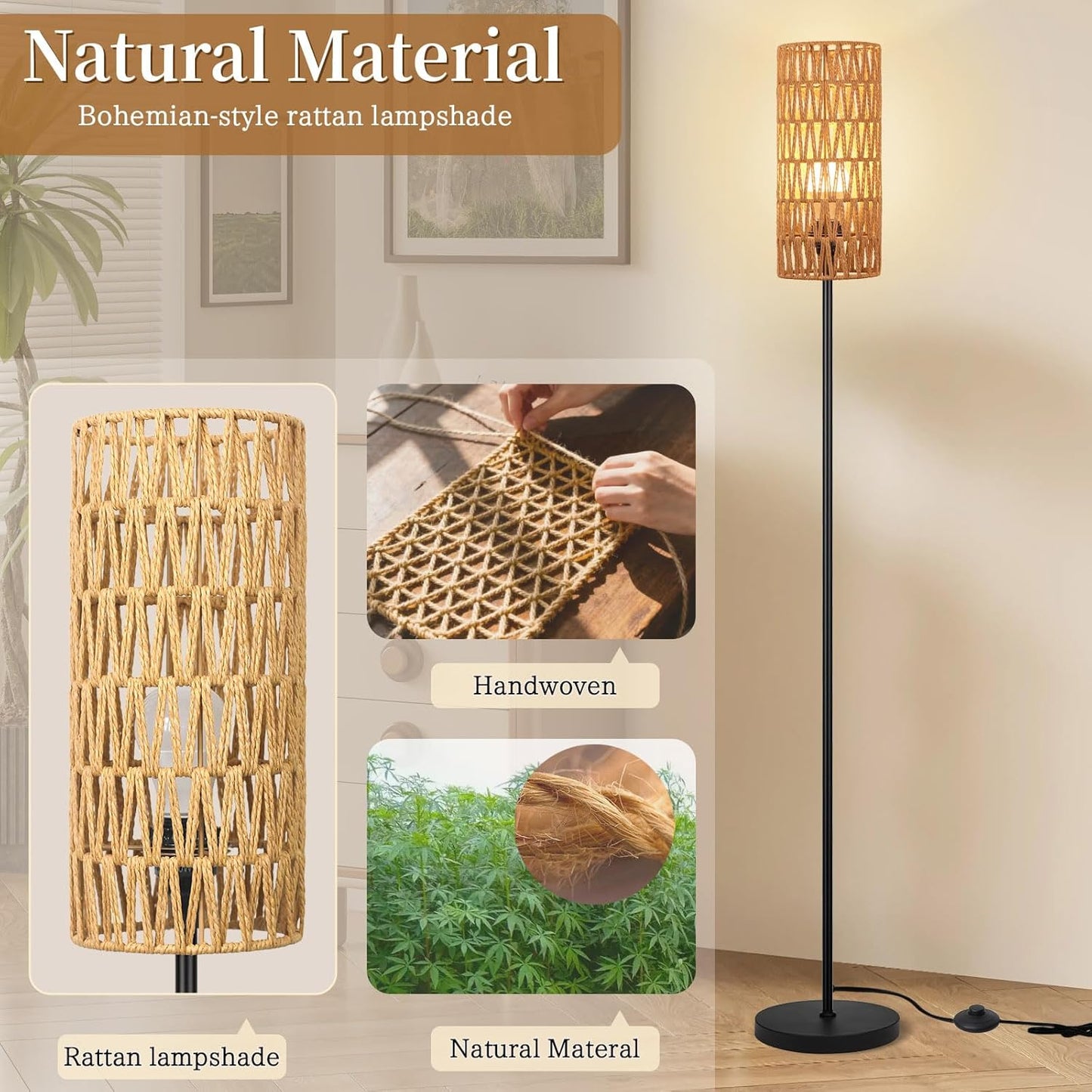 Floor Lamp for Living Room,Farmhouse Rattan Floor lamp,Modern Standing lamp with 3 Color LED Bulb,Black Tall Lamp with Foot Switch