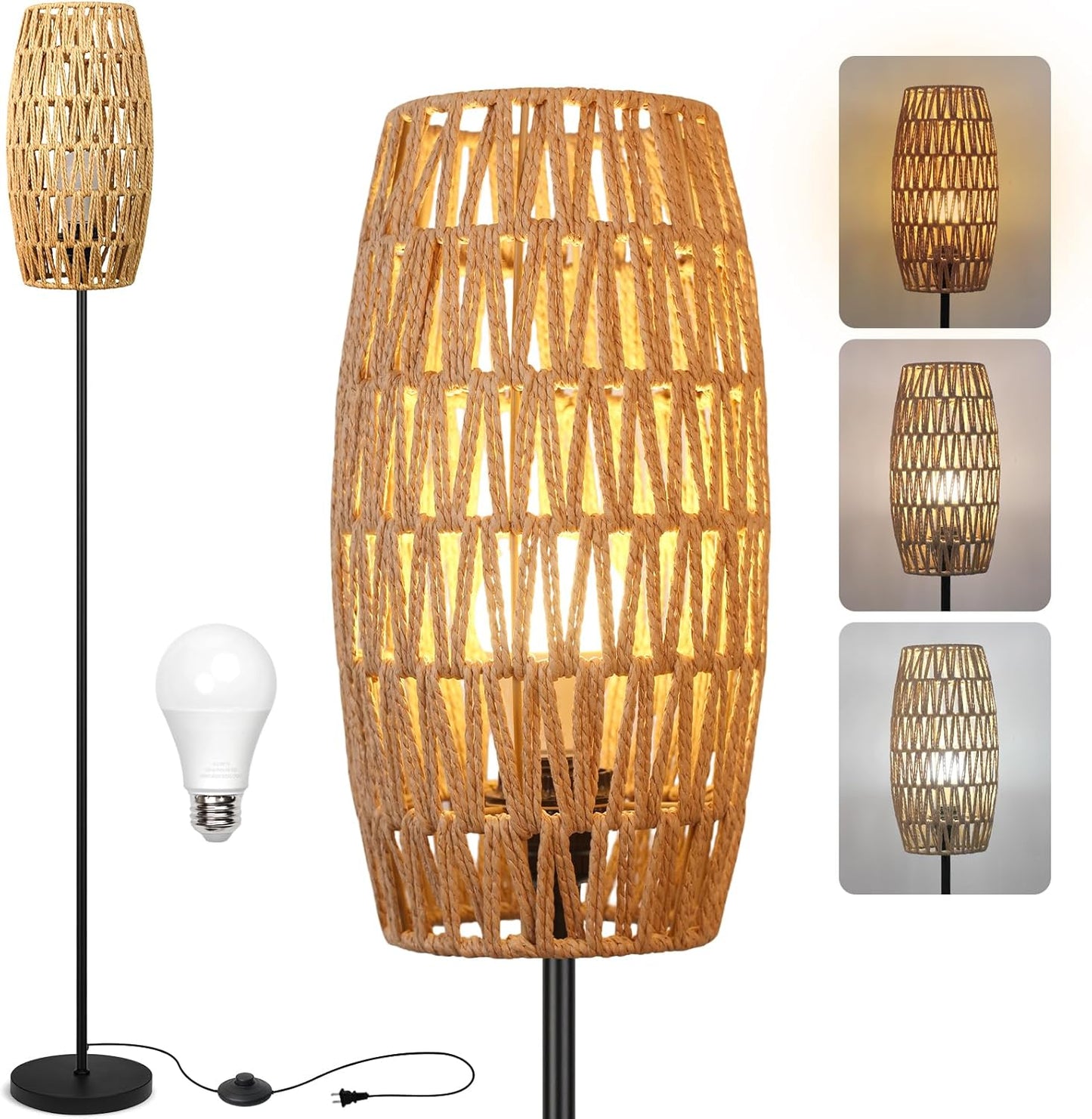 Floor Lamp for Living Room,Farmhouse Rattan Floor lamp,Modern Standing lamp with 3 Color LED Bulb,Black Tall Lamp with Foot Switch