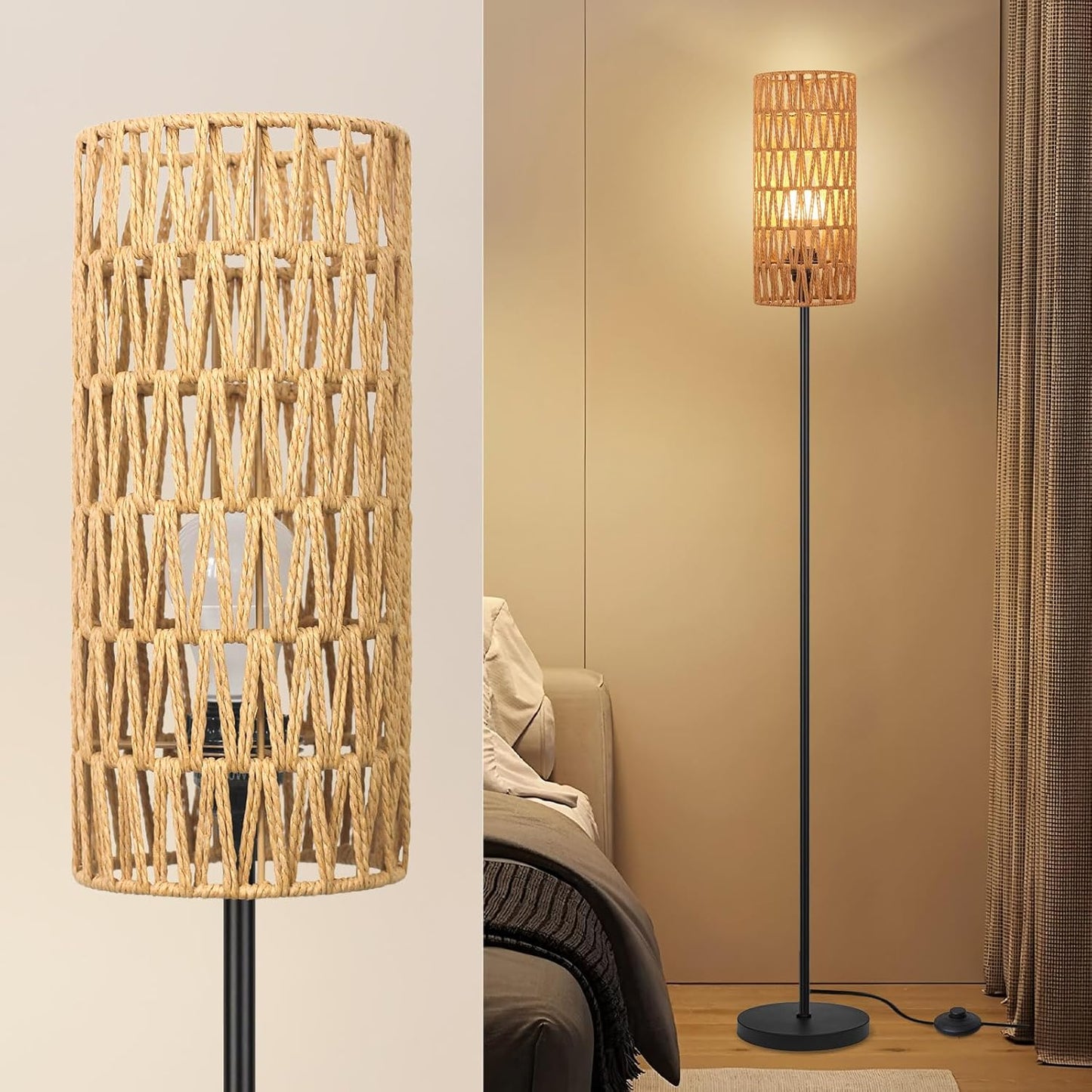 Floor Lamp for Living Room,Farmhouse Rattan Floor lamp,Modern Standing lamp with 3 Color LED Bulb,Black Tall Lamp with Foot Switch