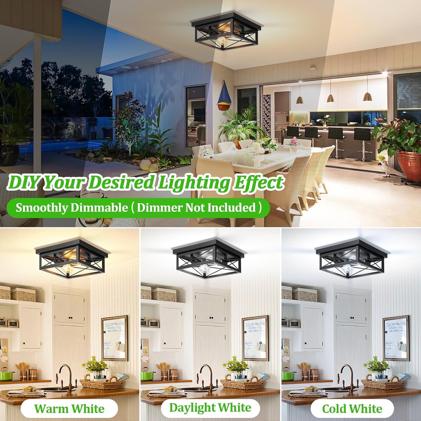 2-Light Industrial Square Flush Mount Ceiling Light, Farmhouse Ceiling Light Fixture for Kitchen, Modern Black Close to Ceiling Light for Hallway Bedroom Balcony Porch Stairway, E26, 2-Pack