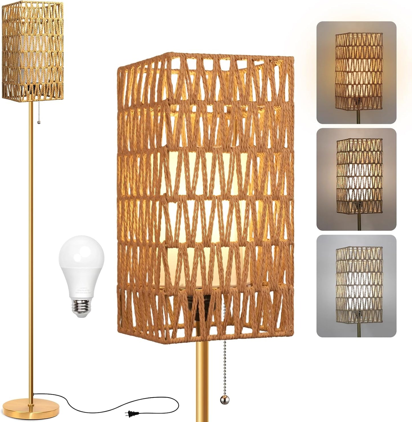 Floor Lamp for Living Room,Farmhouse Rattan Floor lamp,Modern Standing lamp with 3 Color LED Bulb,Black Tall Lamp with Foot Switch