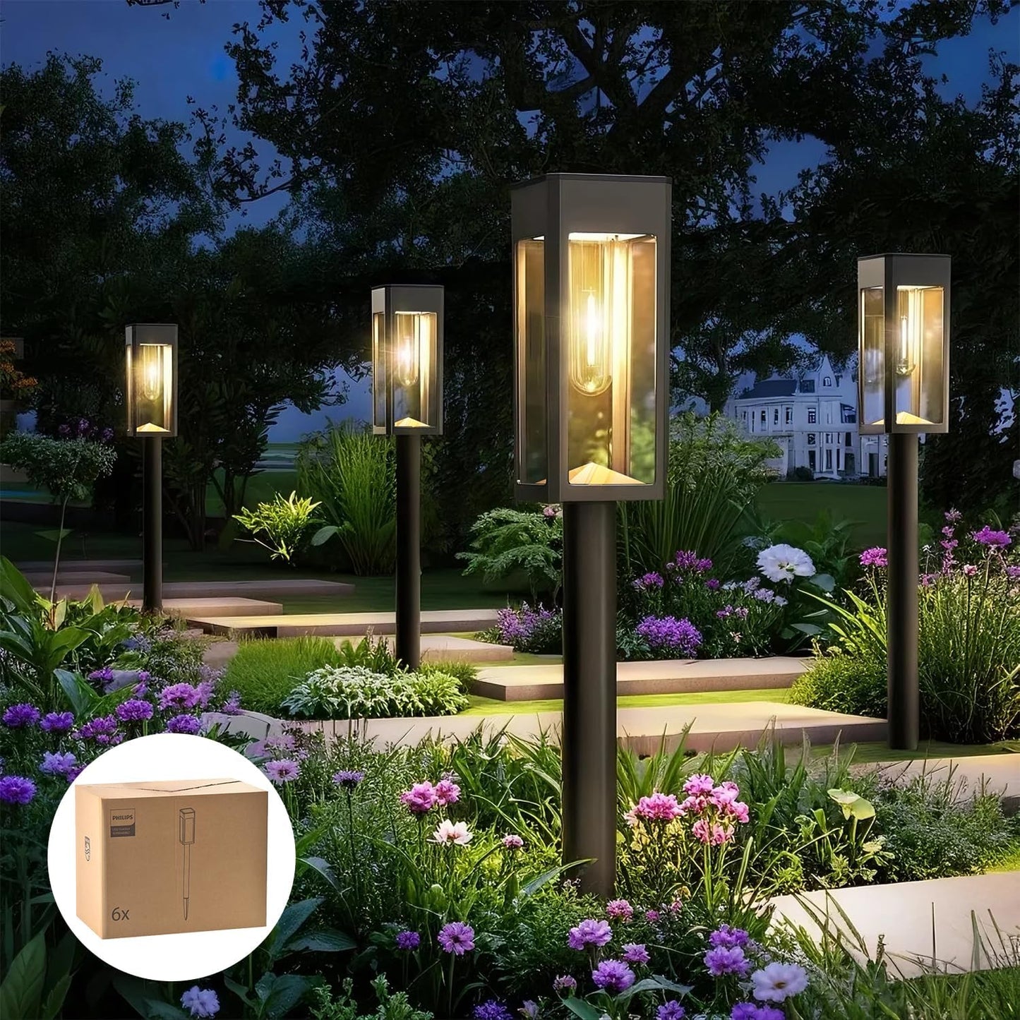 Philips 8 Packs Solar Pathway Lights Outdoor, Glass Metal Led Garden Landscape Lightings, 3000K Warm White, Waterproof for Decor Yard, Walkway, Patio, Driveway, Lawn
