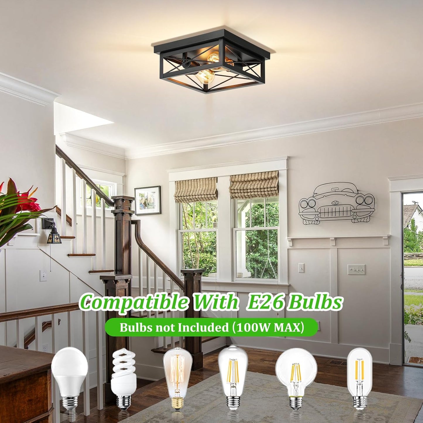 2-Light Industrial Square Flush Mount Ceiling Light, Farmhouse Ceiling Light Fixture for Kitchen, Modern Black Close to Ceiling Light for Hallway Bedroom Balcony Porch Stairway, E26, 2-Pack