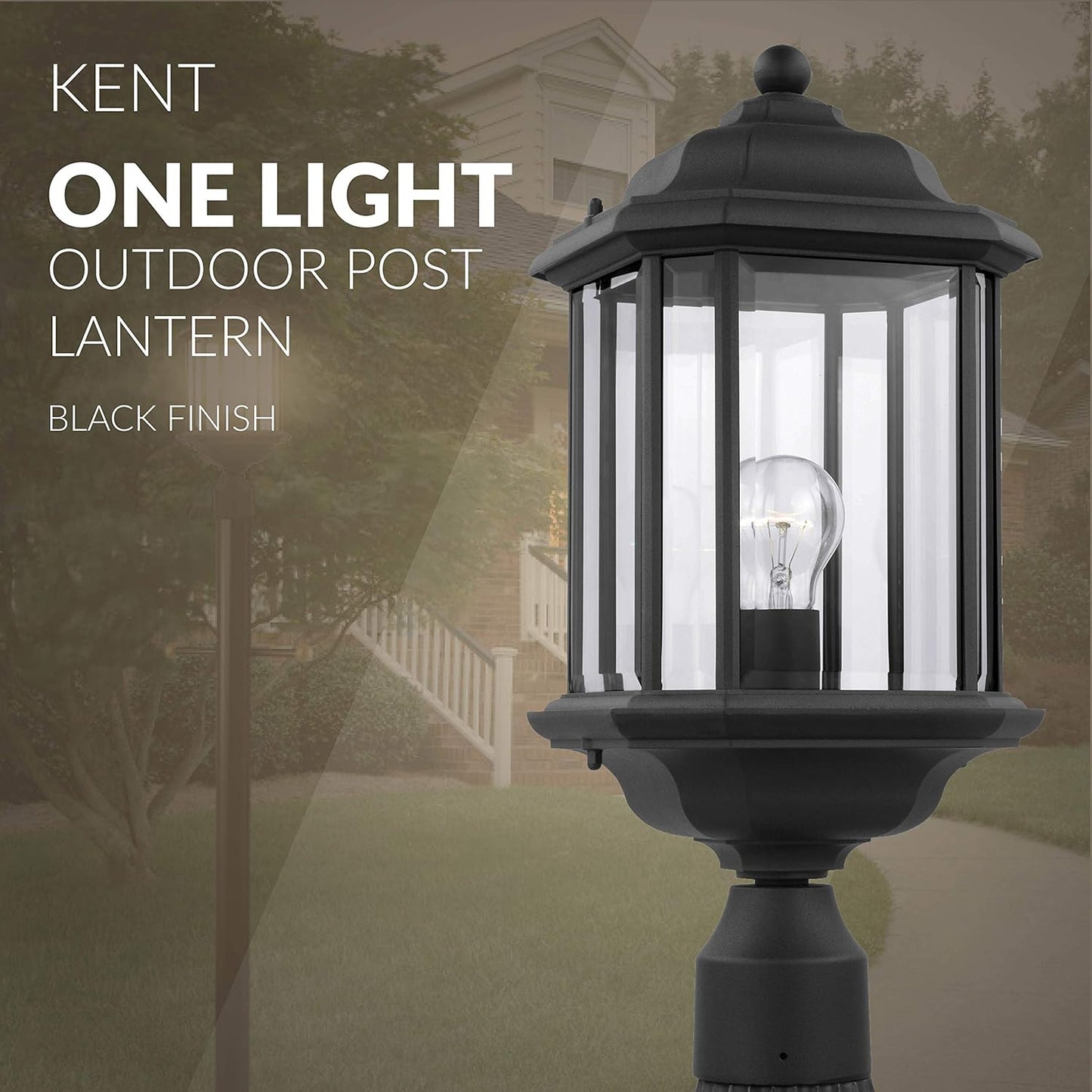 Generation Lighting 82029-12 Kent One-Light Outdoor Post Lantern Hanging Modern Fixture, 20.25" H, Black Finish