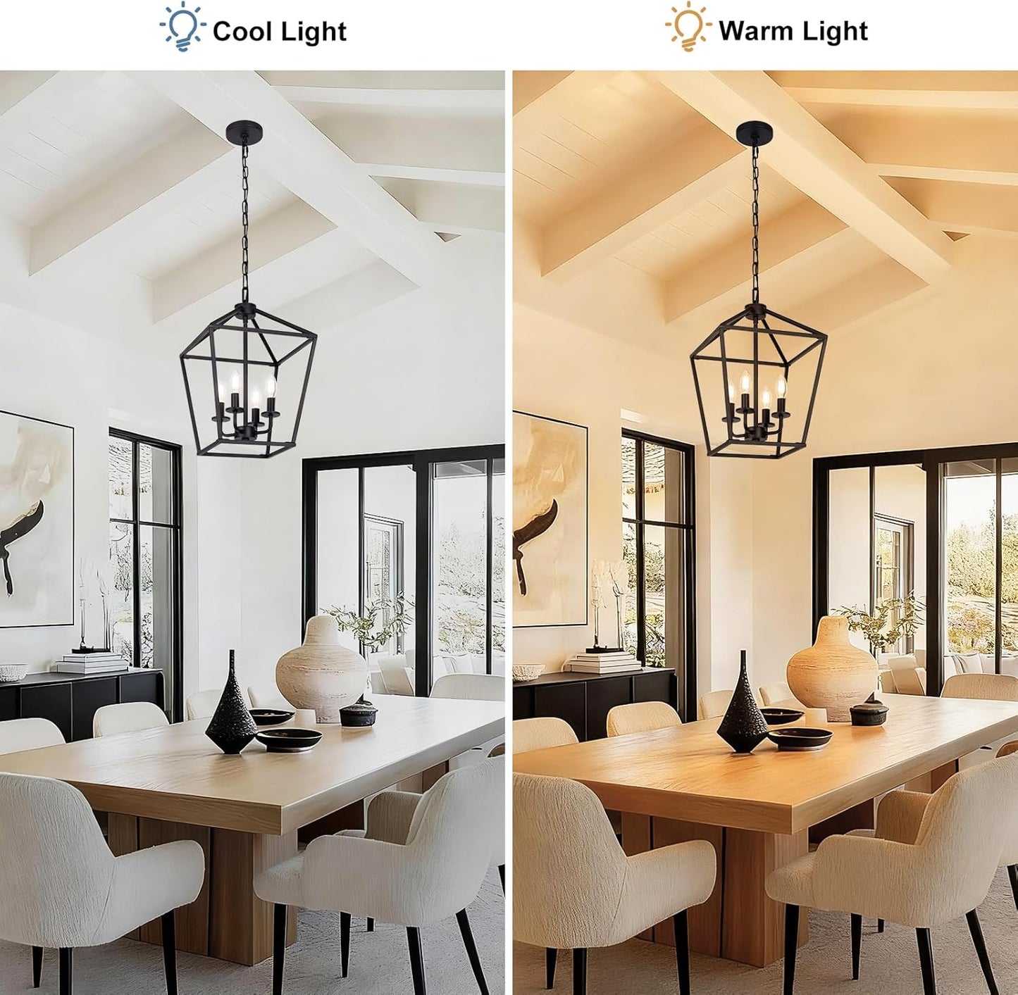 4 Light Chandelier, Industrial Ceiling Light Black Lantern Light Fixtures with Farmhouse Metal Cage Adjustable Height Rustic Geometric Hanging Light E12 Base for Kitchen Island, Entryway, Indoor