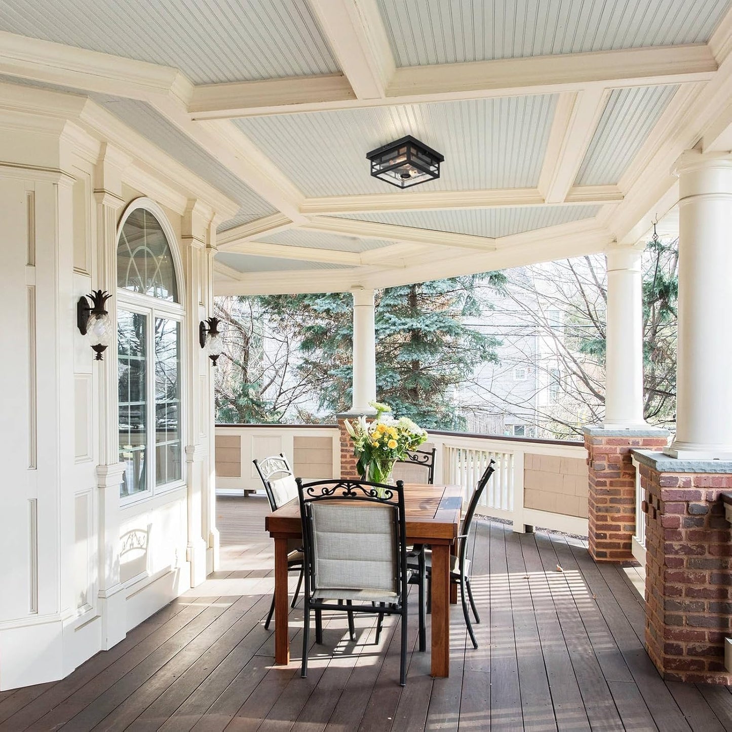 Outdoor Flush Mount Motion Sensor Ceiling Light - Timeless Industrial Design with Seeded Clear Glass for Your Porch, Driveway, Covered Patio, Farmhouse, and Entryway