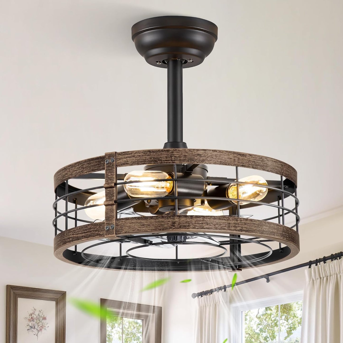 LEDIARY 20 inch Fandelier Caged Ceiling Fan with Light, Bladeless Ceiling Fan with Remote, Farmhouse Fan Lights Ceiling Fixtures for Kitchen, Bedroom, Outdoor(6 Speed, Timing)-Black