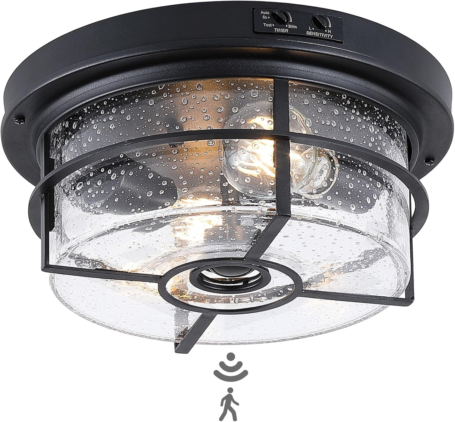 Outdoor Flush Mount Motion Sensor Ceiling Light - Timeless Industrial Design with Seeded Clear Glass for Your Porch, Driveway, Covered Patio, Farmhouse, and Entryway